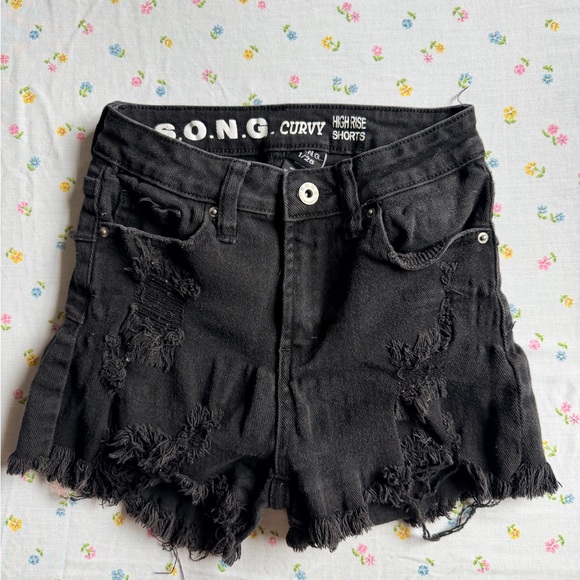 S.O.N.G. Pants - S.O.N.G. Black Distressed High Rise Jean Shorts